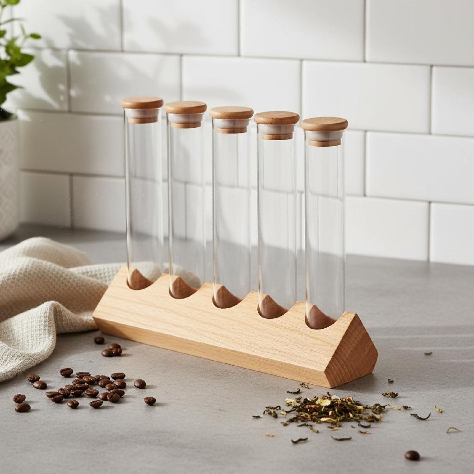 Glass Tube Container Set with  - Display Stand Wood のレビューと価格
